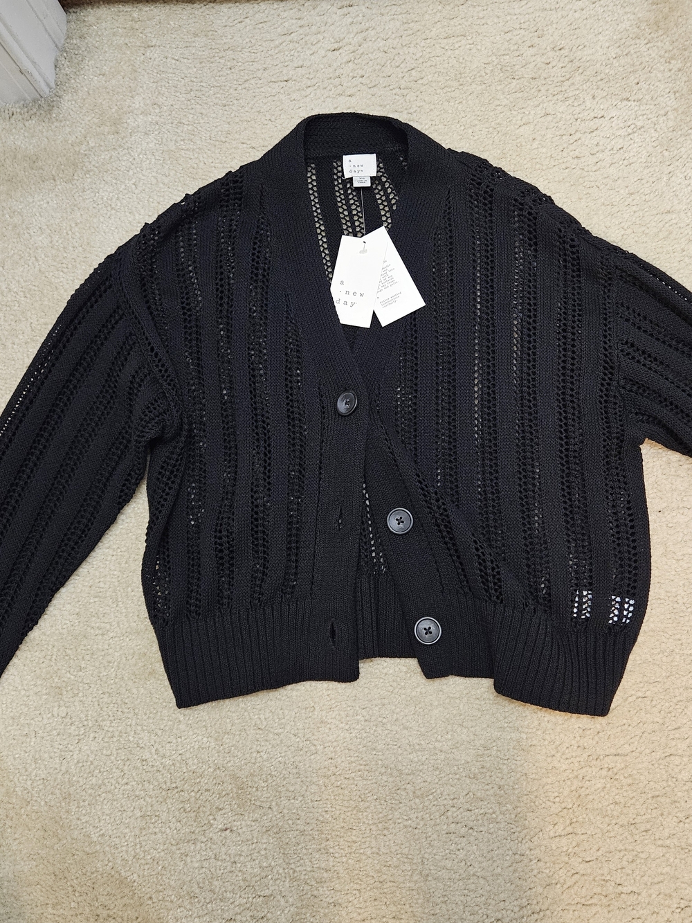 a new day Black Open-Weave V-Neck Button Cardigan - Picture 2 of 5